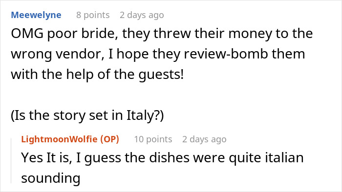 Reddit comments about a wedding caterer disagreement in Italy, with mentions of reviewing the vendor.