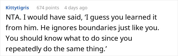 Comment discussing ignored boundaries in a relationship, highlighting the consequences of ignoring privacy pleas.