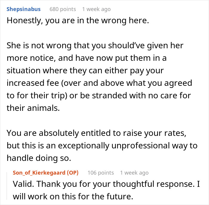 Reddit comments on a pet sitter facing backlash for raising rates after extra tasks were added by a client.