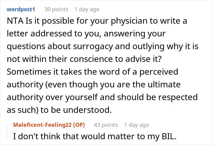 Reddit discussion about a woman's hysterectomy plan and facing pressure to be a surrogate, featuring supportive advice.