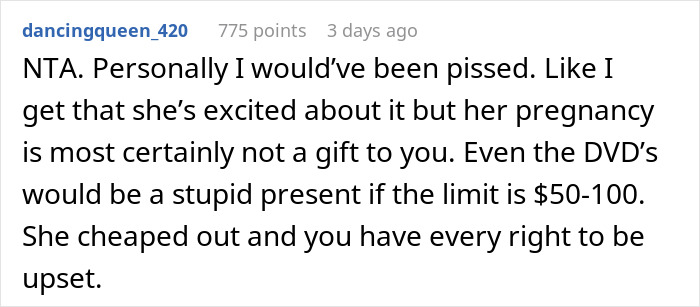 Comment discussing a sister\'s pregnancy announcement not being a Christmas present.