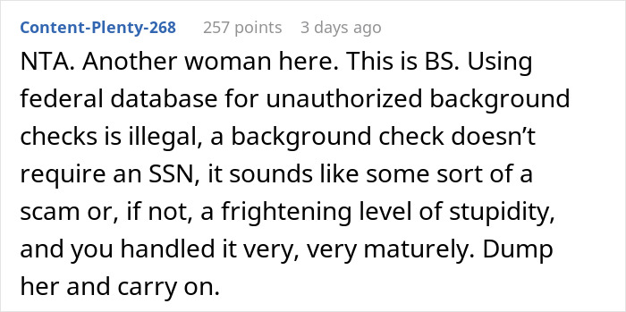 Comment discussing legality of using Social Security Number for unauthorized background checks.