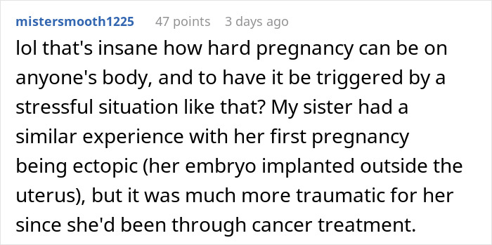 Reddit user comment discussing traumatic pregnancy experiences and ectopic pregnancy.