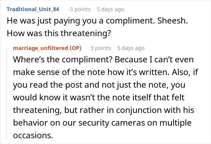 Text conversation about a note from an Amazon driver, discussing whether it was threatening.