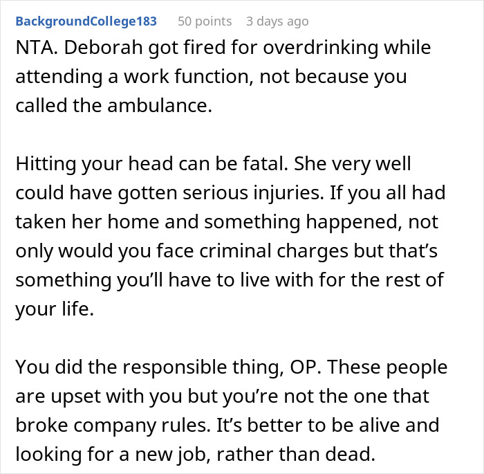 Text discussing coworker fired for overdrinking, not for ambulance call, during a work function; emphasizes safety importance.