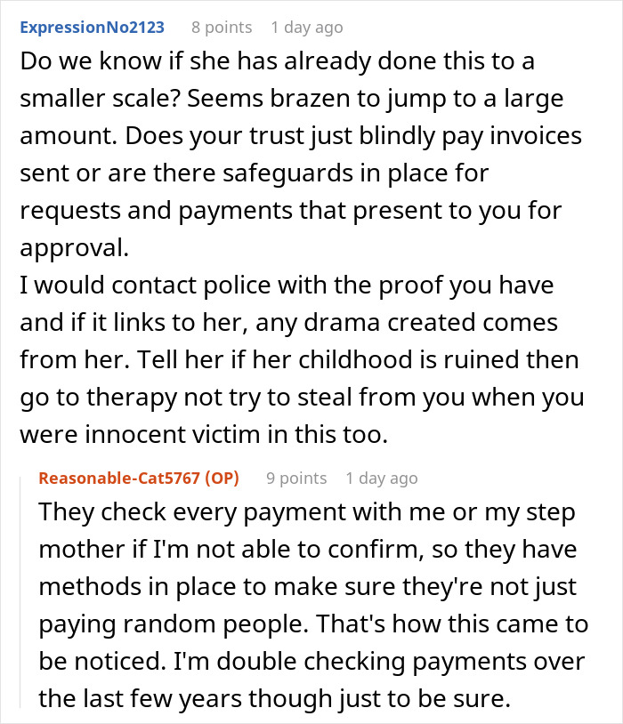 Reddit users discuss trust fund theft, rehab faking, and financial safeguards.