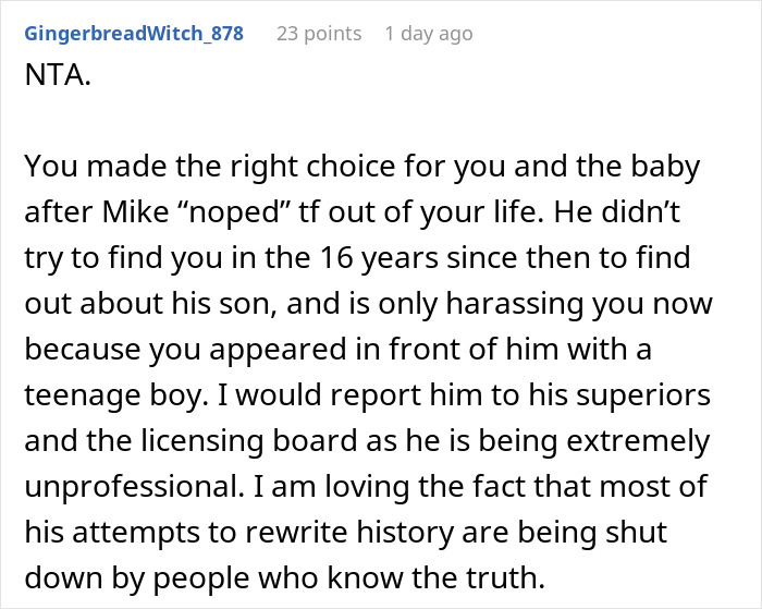 Online comment addressing a teen guilt-tripping his ex-girlfriend 16 years after she gave their child up for adoption.