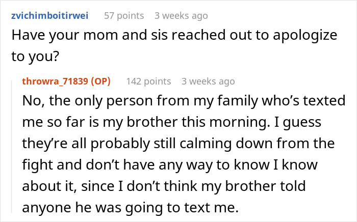 Online discussion showing a tense family conversation about a sister’s miscarriage.