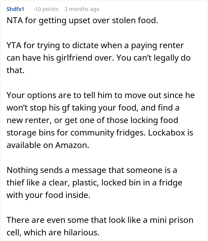 Text discussing roommate conflict over food theft and suggestions for locked storage solutions.