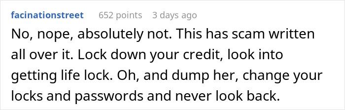 Reddit comment warning about giving a girlfriend a social security number for a background check.