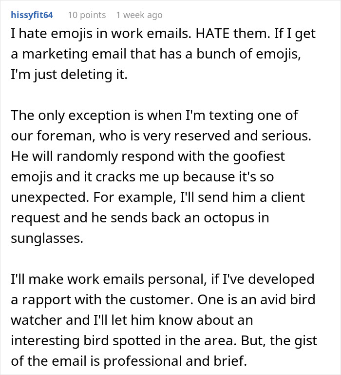 Text discussing dislike for emojis in work emails, except when joking with a foreman, with emphasis on professionalism.