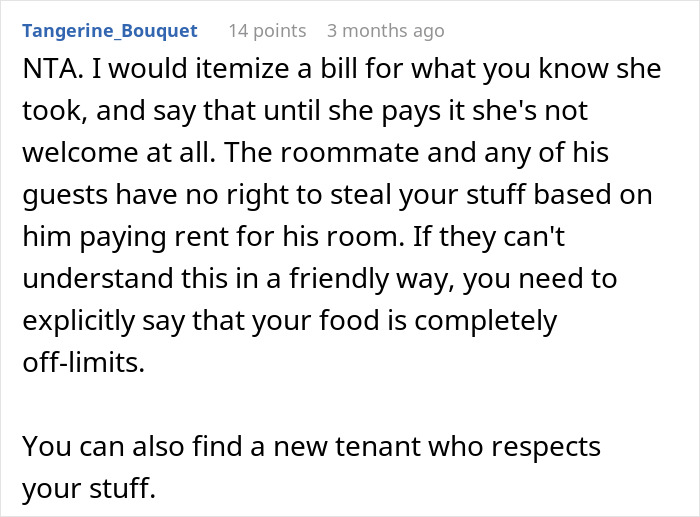 Text discussion about a woman eating her boyfriend's roommate's food and being unwelcome.