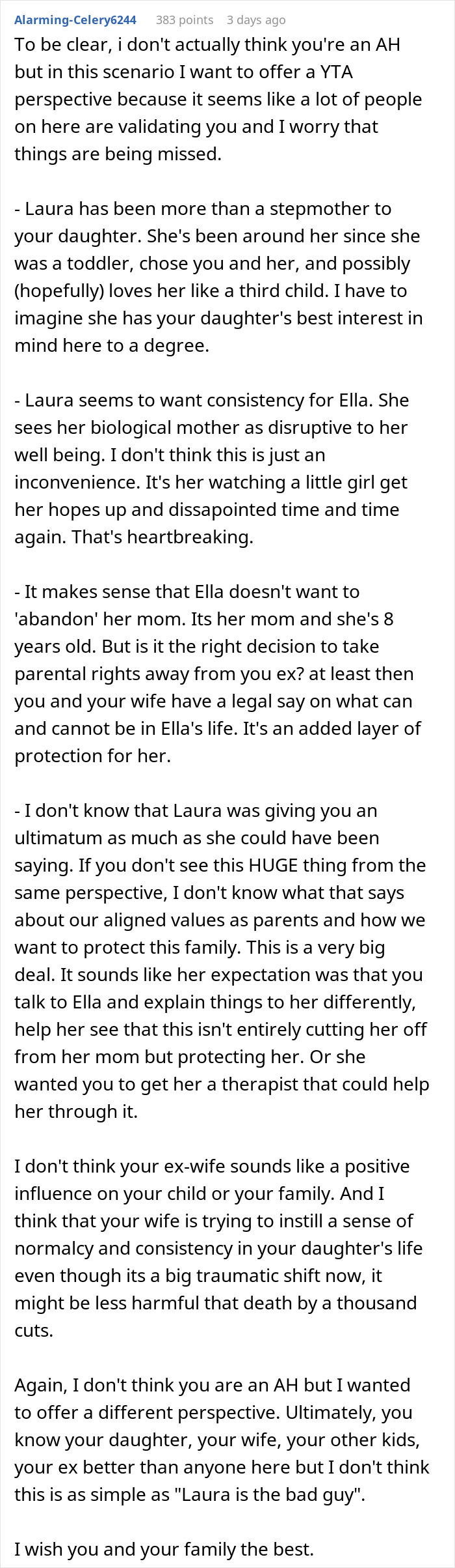 Reddit comment discussing a dad's refusal to let his wife adopt his daughter, focusing on her safety, health, and happiness.