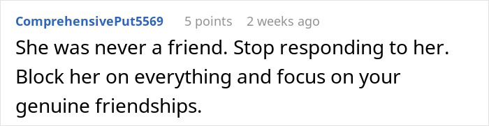 Comment suggesting to block toxic friendships; focus on genuine relationships instead.