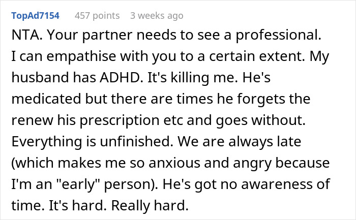 Reddit comment about partner's ADHD making them late, suggesting professional help.