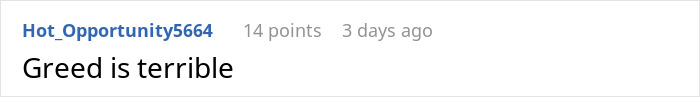 Screenshot of a Reddit comment saying "Greed is terrible" with 14 points.