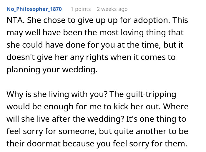 Comment discussing adoption, wedding planning, and personal boundaries in family relationships.