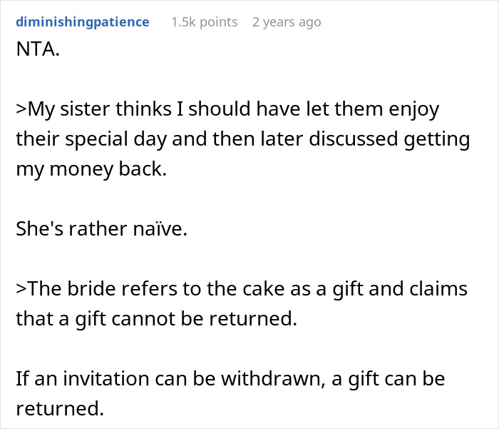 Reddit post discussing a canceled wedding cake order after the bride's ex-BFF was uninvited.