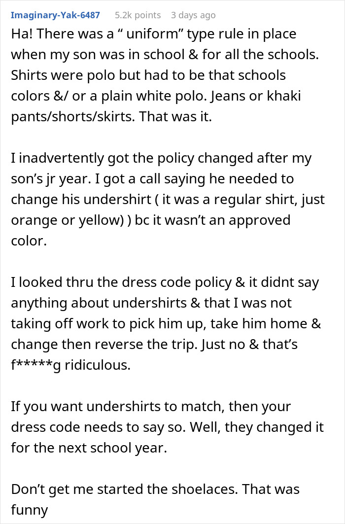 Text from a mom detailing her experience with school dress code loophole.