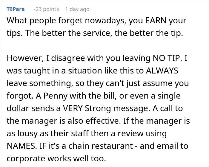 Reddit comment discussing service, tipping etiquette, and leaving feedback in restaurants.