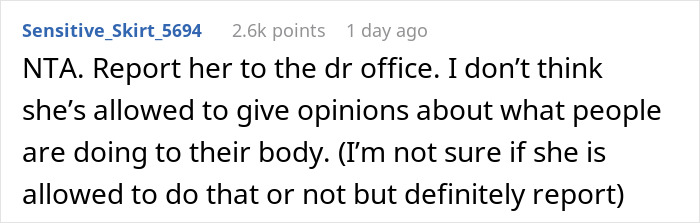 Comment discussing reporting a nurse after a hysterectomy appointment.