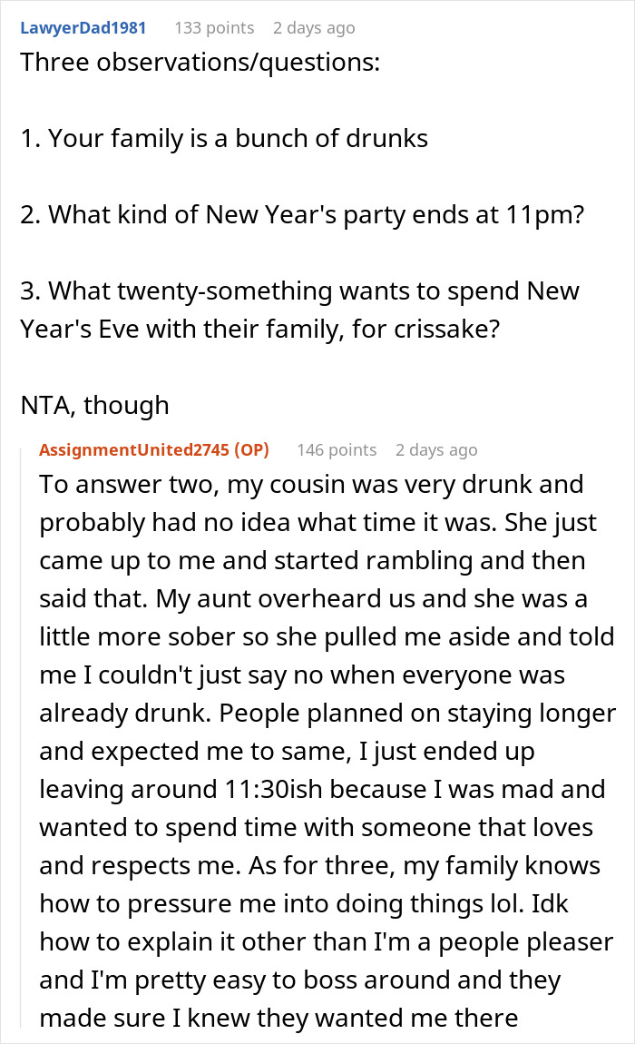 Reddit conversation about family New Year's Eve drama, featuring questions and detailed responses.