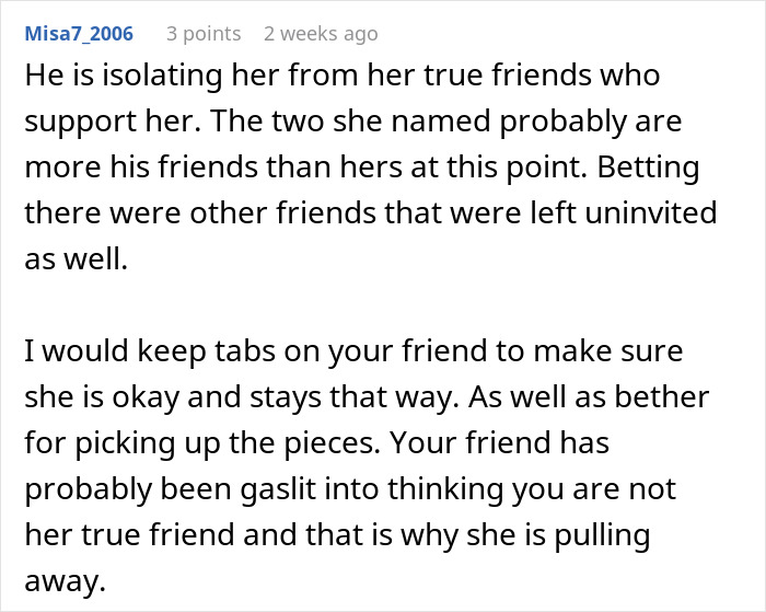 Comment about a woman's unexpected wedding invitation issue, mentioning friendship dynamics.