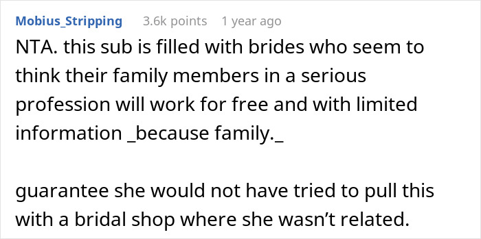 Reddit user comment about bridal shop owner dealing with entitled family member.