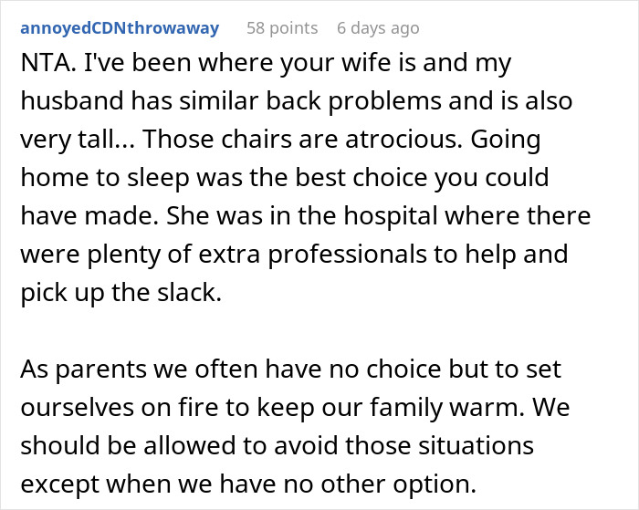 Reddit comment discussing a man's choice to leave his wife after her C-section, supporting his decision.