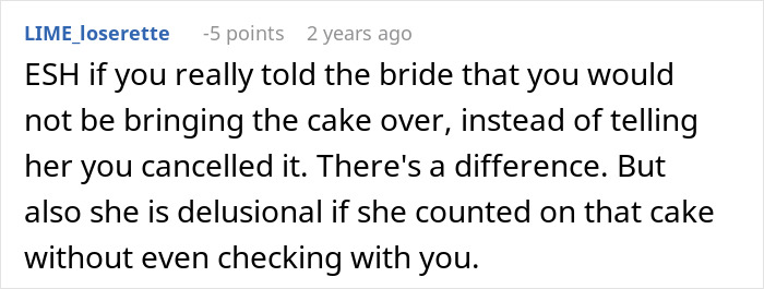 Comment mentioning a bride shocked by canceled wedding cake order.