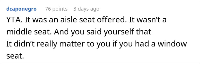 Reddit comment discussing preference for an aisle seat over letting father and son sit together.