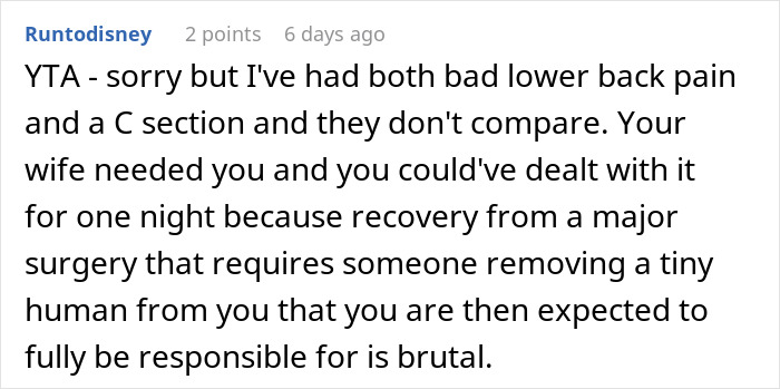 Reddit comment criticizing a man's lack of support for his wife post-C-section.