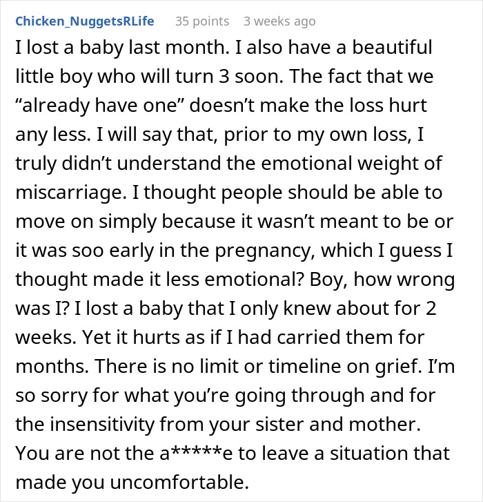 Text discussing emotional weight of miscarriage and insensitivity from sister.