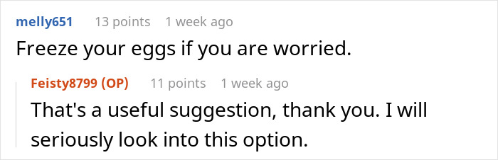 Reddit conversation about freezing eggs, with one user suggesting it and the other thanking them and considering the option.