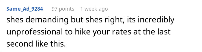 Reddit comment discussing pet sitter's rate increase and professionalism.