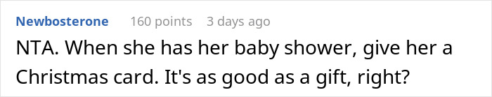 Reddit comment about pregnancy announcement and Christmas gift exchange.