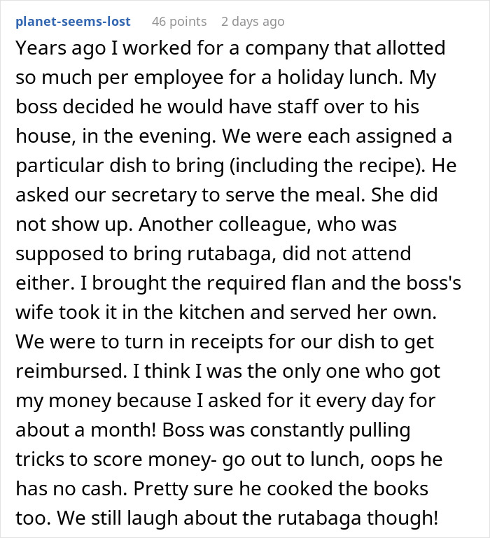 Text from an employee about a disappointing company appreciation potluck experience.