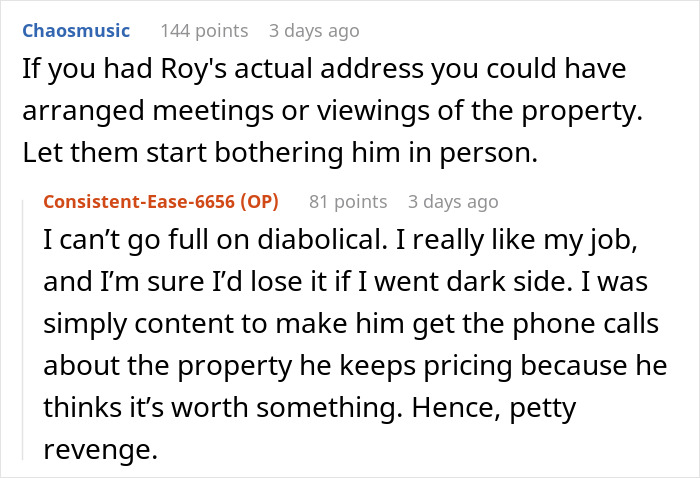 Reddit users discuss revenge tactics for spam calls from realtors, with one emphasizing petty revenge over drastic actions.