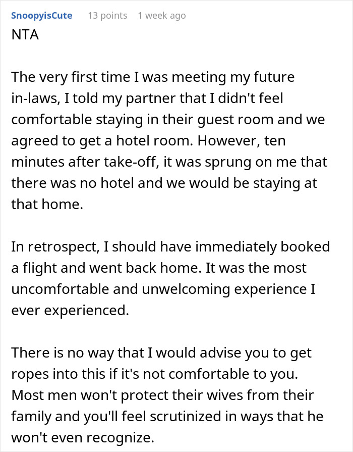 Forum comment about discomfort when staying with in-laws instead of a hotel.