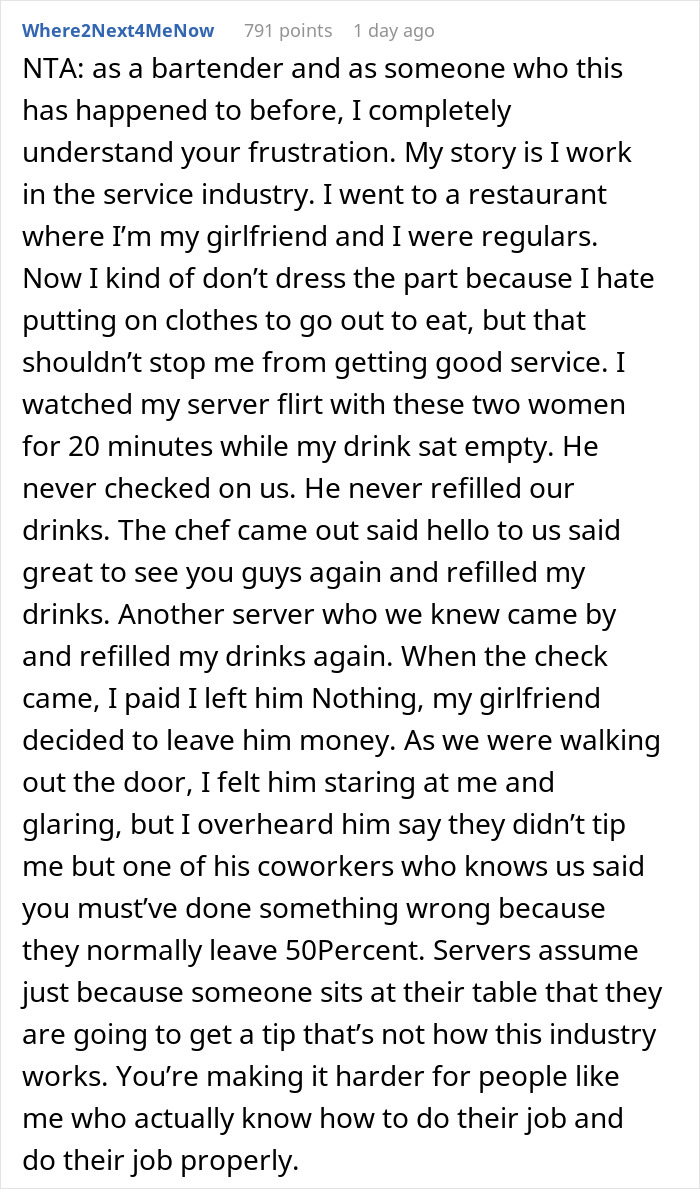 Text post describing a couple’s experience of being forgotten by staff, resulting in no tip.