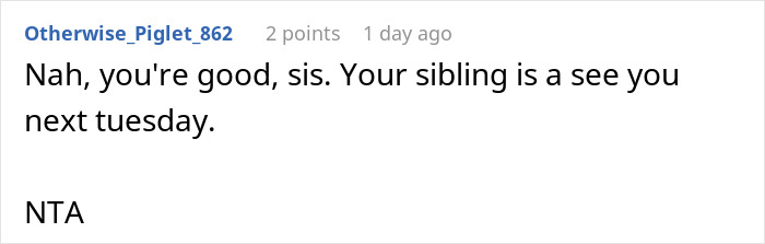 Reddit comment about family disagreements over babysitting duties.