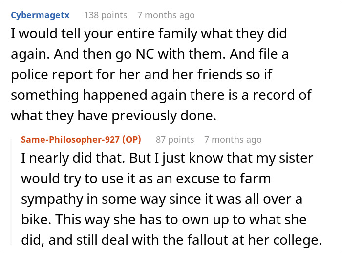 Reddit thread discussing a woman's actions after stealing and dumping her brother’s bike, causing a family dispute.