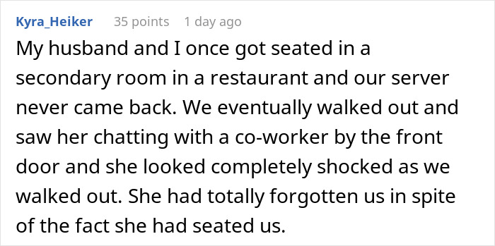 Restaurant incident text about being forgotten by staff and not tipping.