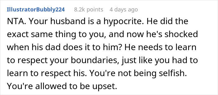 Reddit comment criticizing a man for ignoring his wife's privacy plea, calling him a hypocrite for being upset now.