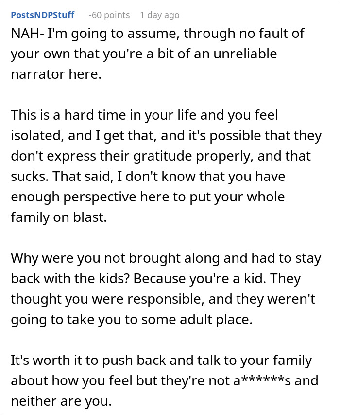 Reddit comment questioning a teen's perspective on family babysitting responsibilities.