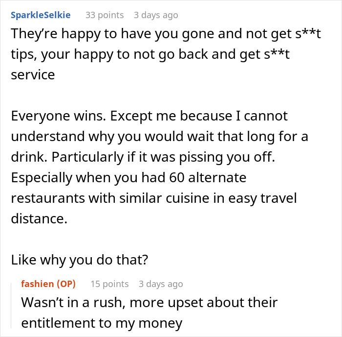 Reddit comments about a customer's 10% tip and being banned for perceived bad service.