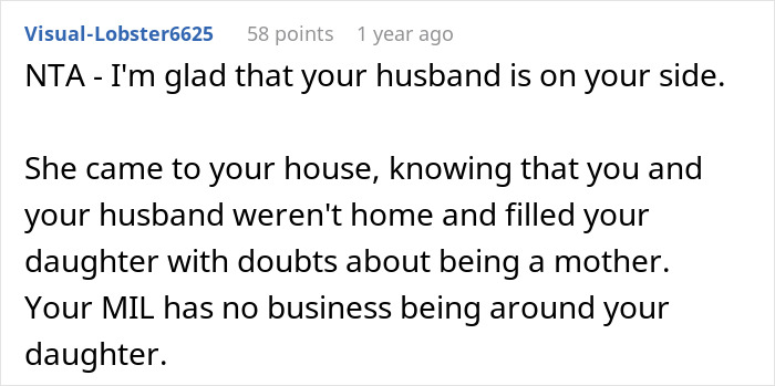 Reddit comment supporting a mom defending her daughter against grandmother's interference.