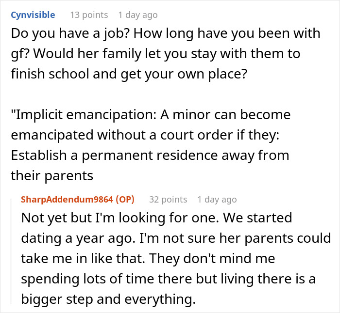 Text exchange about teen refusing babysitter role and seeking independence from parents.