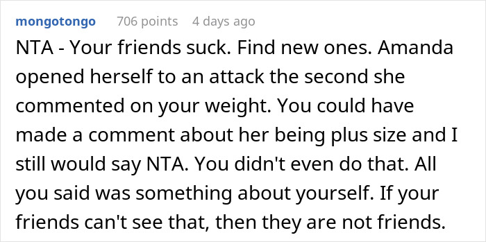 Comment discussing weight and friendship dynamics.