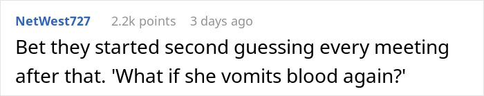 Comment discussing the impact of vomiting blood during a work meeting, with humor about future meetings.